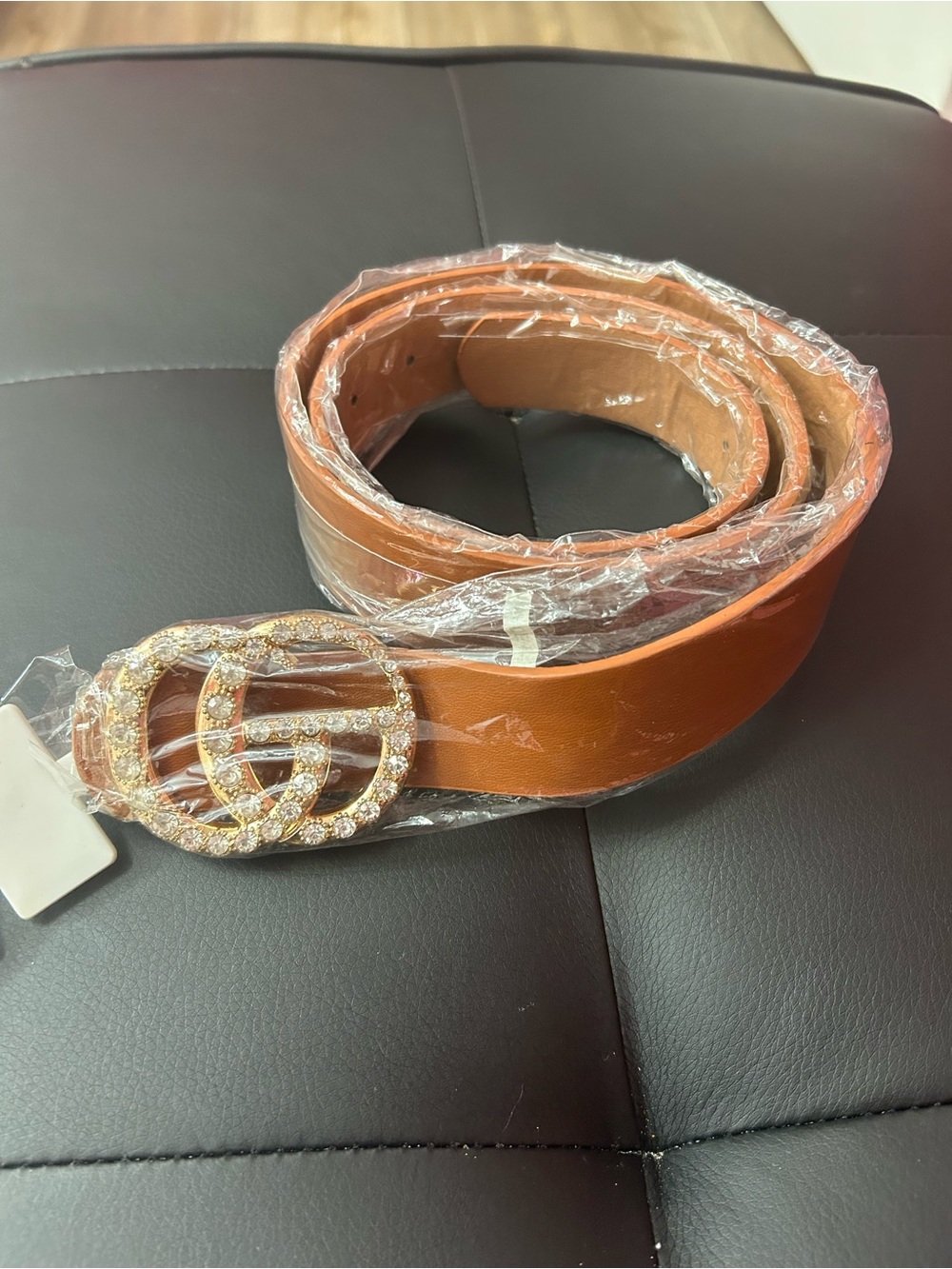 Women's Tan Leather Belt with Rhinestone Double-Ring Buckle